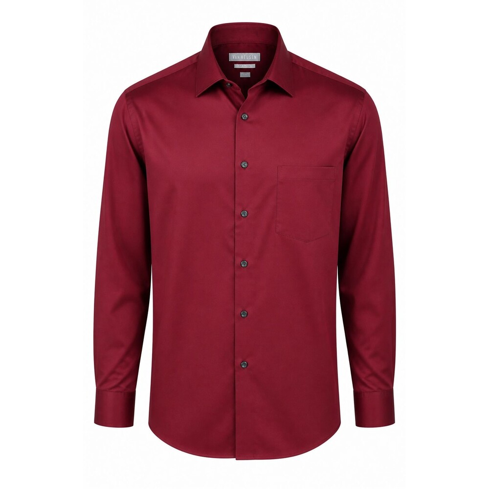 Van Heusen Red Button Down Lux Sateen Fitted Wrinkle Free Dark Red Mens Shirt